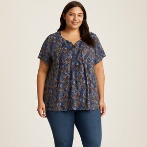 A. Jesdani Blue Brown Paisley Print Short Sleeve Henley Style Knit Top Womens 4X